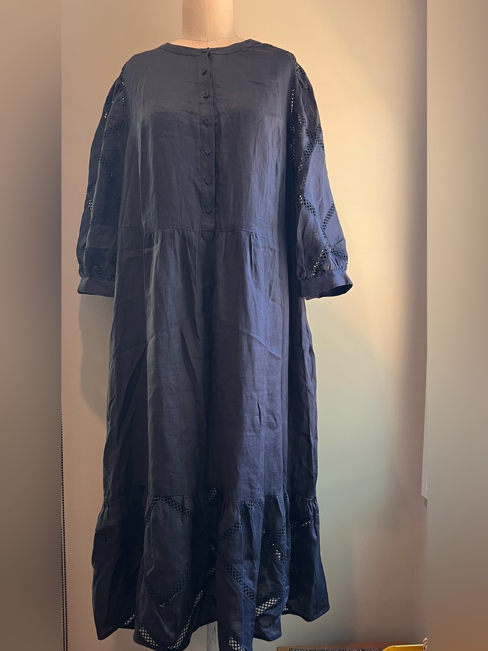 WRAP London navy blue tiered linen embroidered dress puff sleeve UK 18 US 14